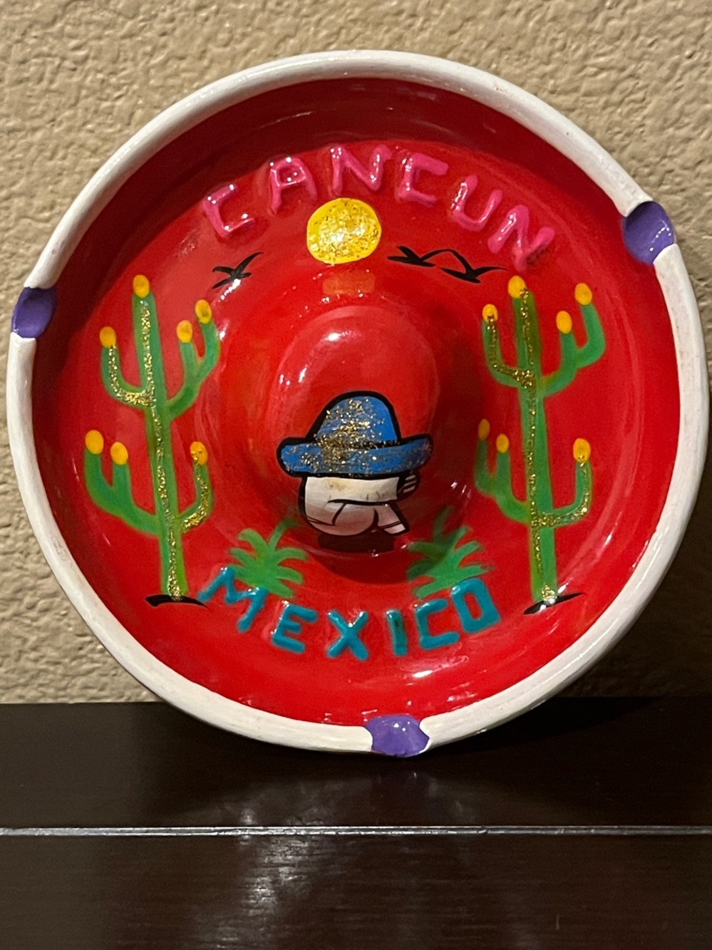 Bright Multi Color Glitter Mexican Art Pottery Ceramic Sombrero Ashtray Decor